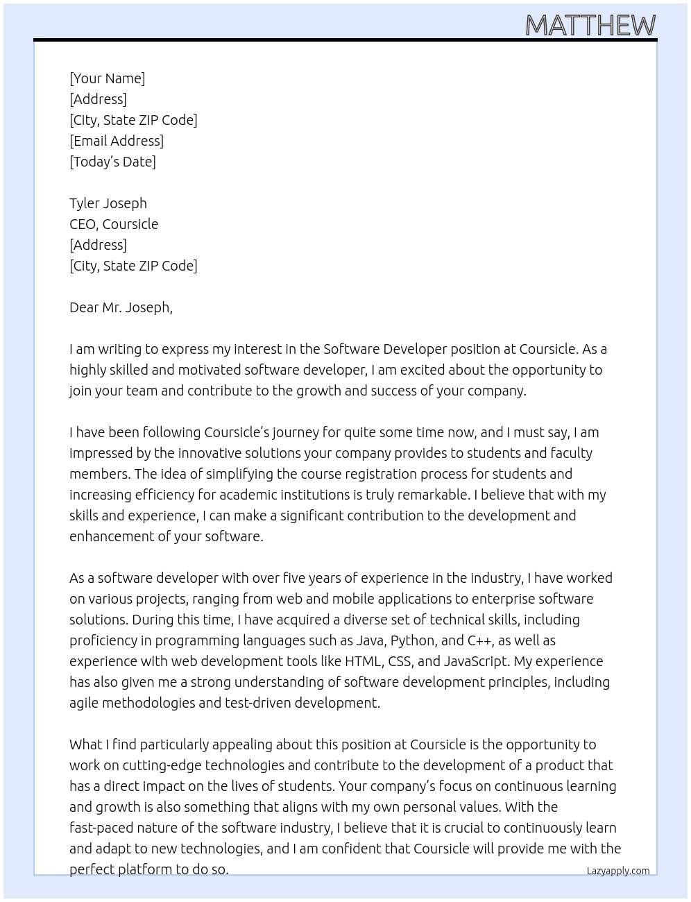software developer At Coursicle Cover Letter