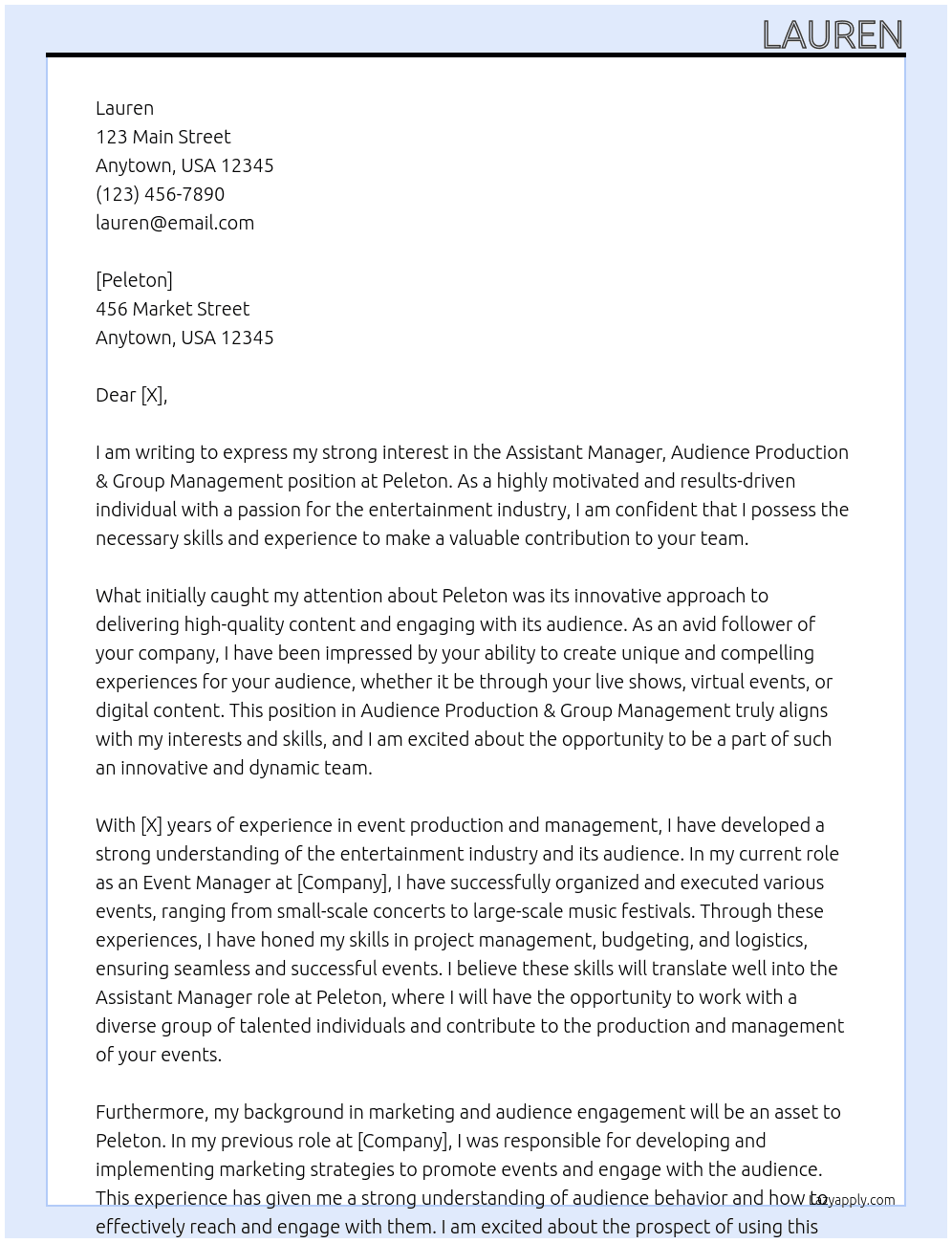 Assistant Manager, Audience Production & Group Management At Peleton Cover Letter
