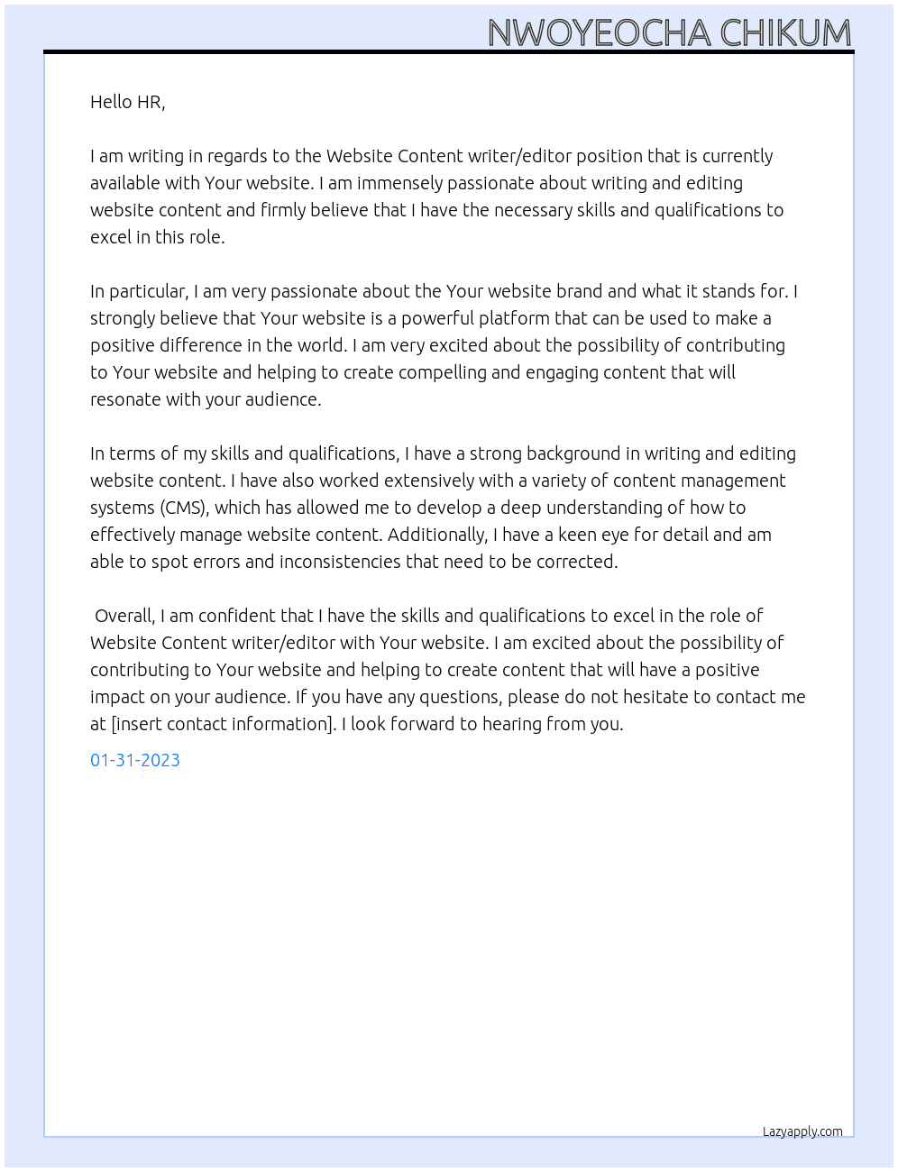 Website Content writer/editor At Your website Cover Letter
