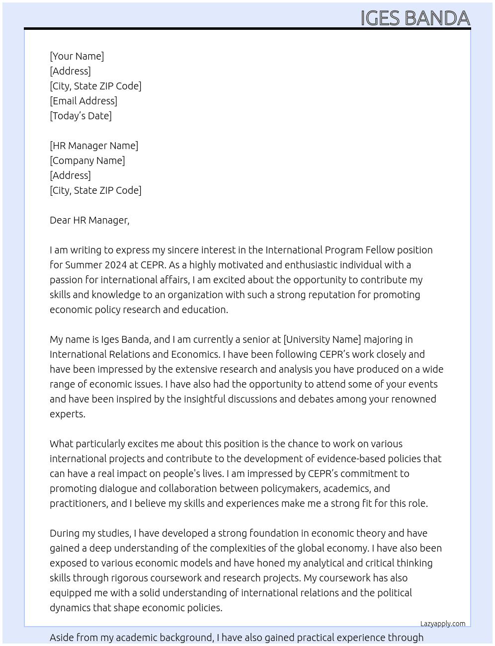 International Program Fellow for Summer 2024 At CEPR Cover Letter