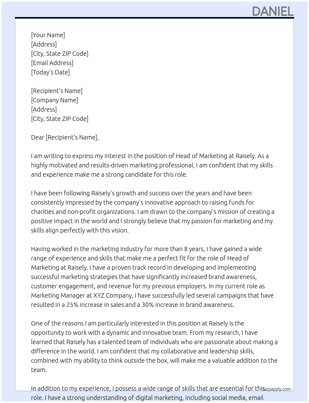 Head of Marketing At Raisely Cover Letter
