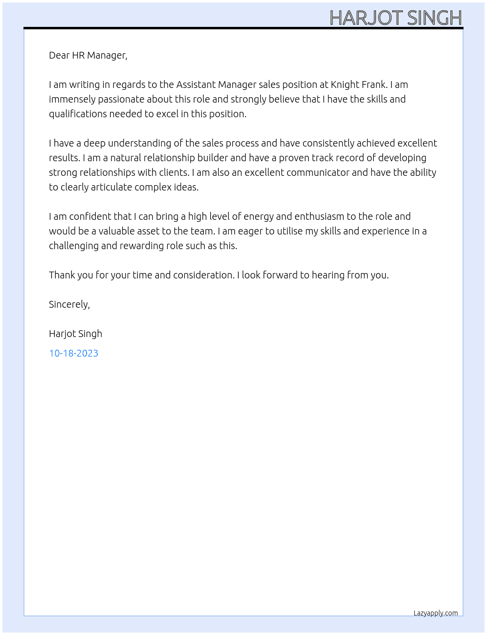 Assistant Manager sales At Knight Frank Cover Letter