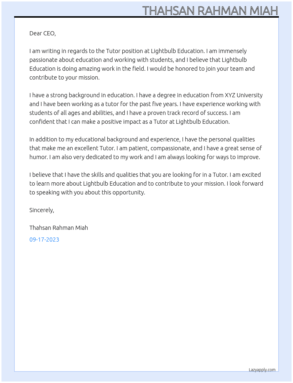 Tutor At Lightbulb Education Cover Letter