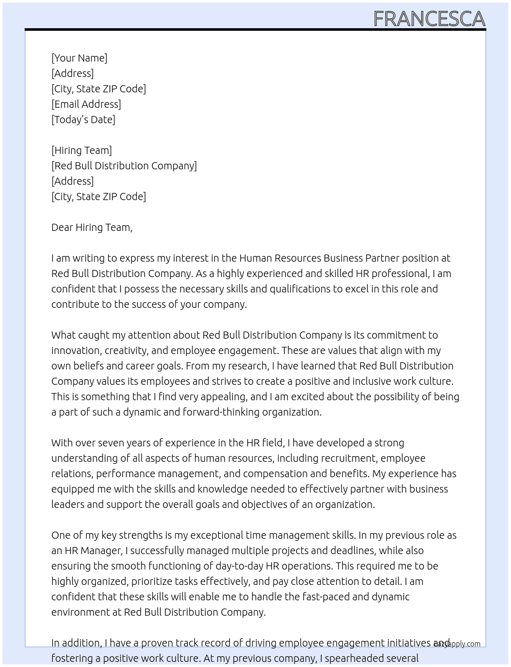 Human Resources Business Partner At Red Bull Distribution Company Cover Letter