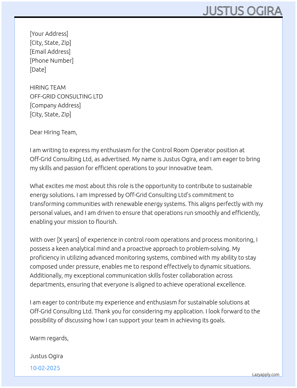 CONTROL ROOM OPERATOR At OFF-GRID CONSULTING LTD Cover Letter