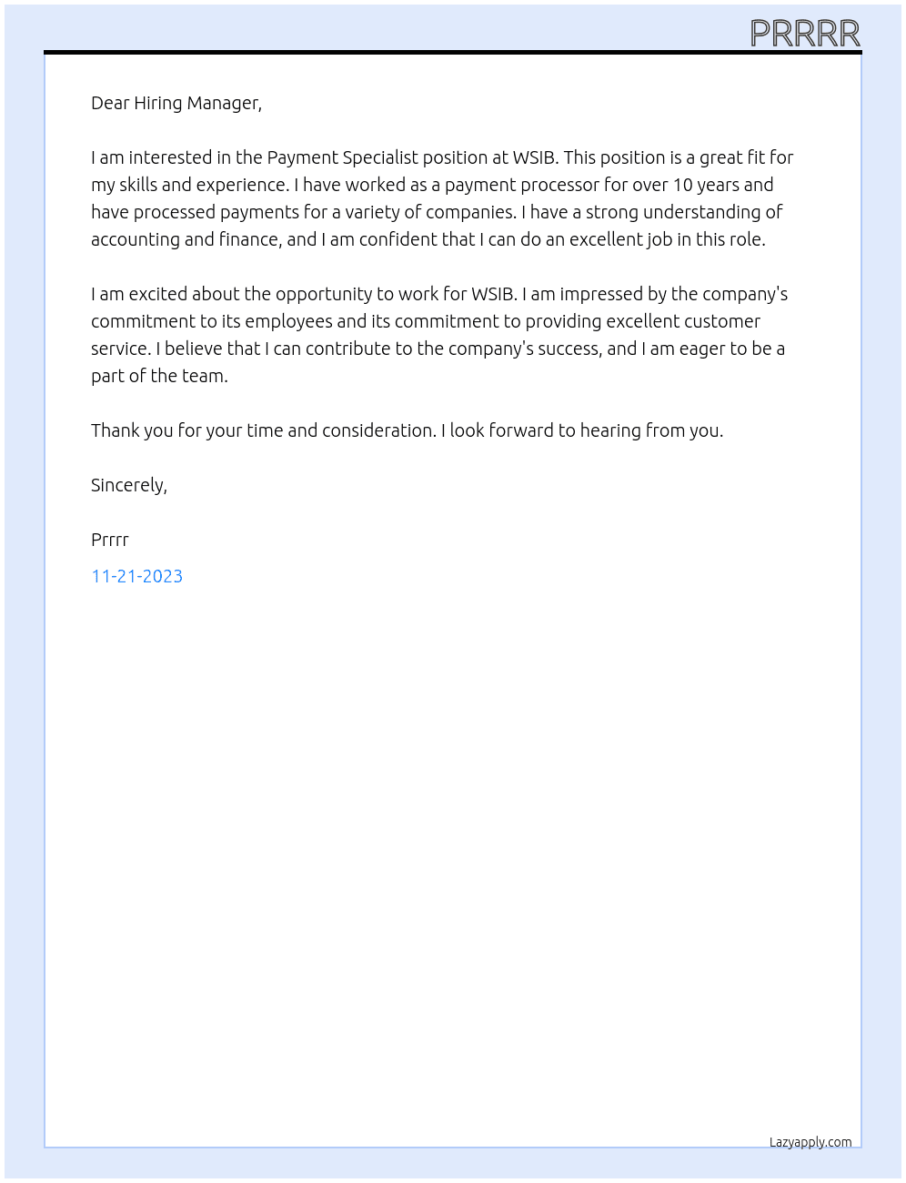 Payment Specialist At WSIB Cover Letter