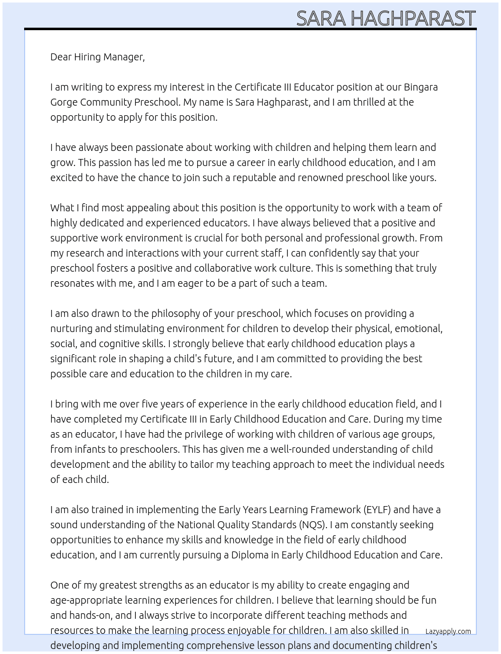Cover letter for certificate iii educator - LazyApply