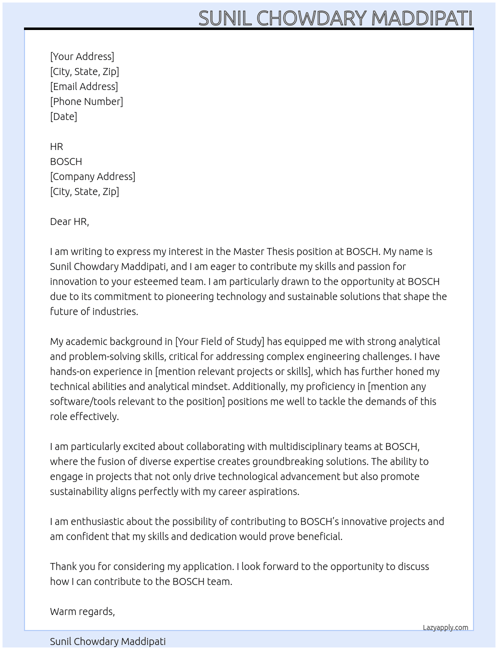Cover letter for master thesis - LazyApply