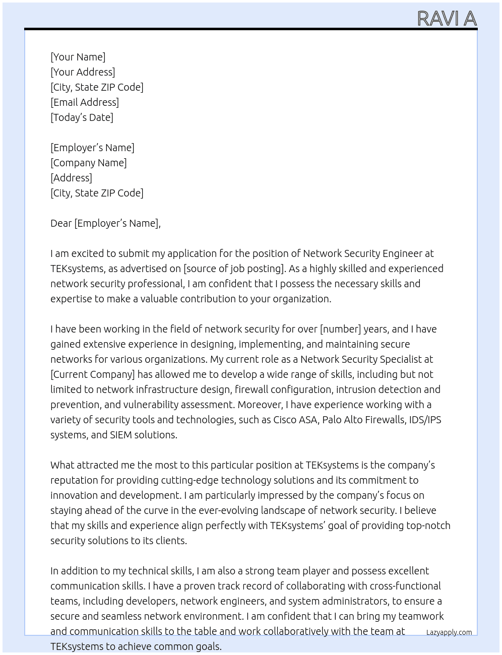NETWORK SECURITY ENGINEER At TEKSYSTEMS Cover Letter