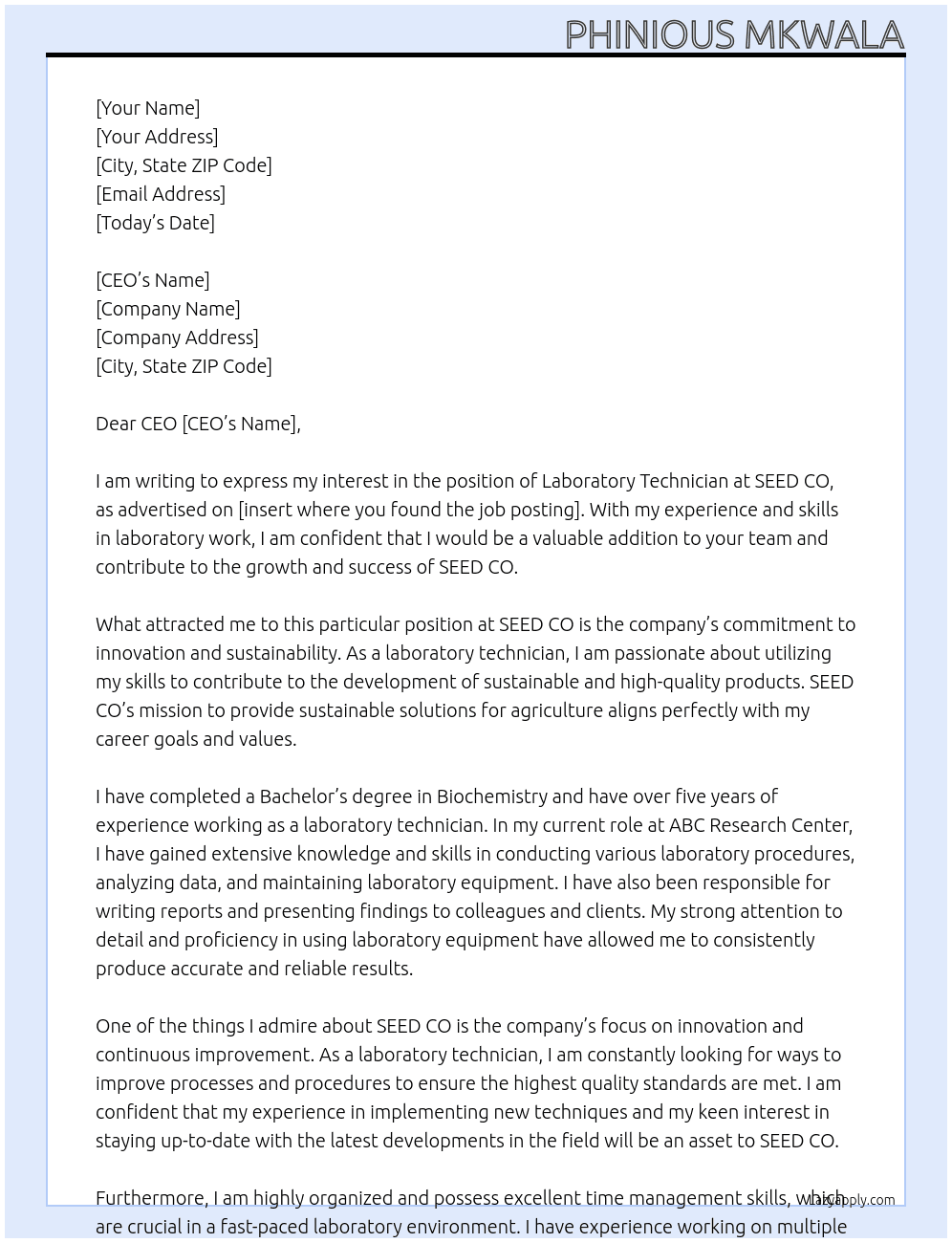 Laboratory Technician At SEED CO Cover Letter
