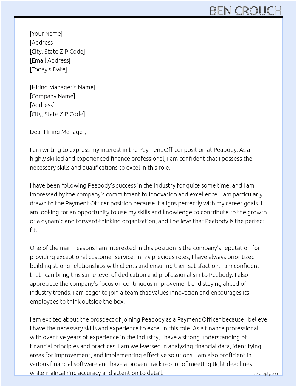 Payment Officer At Peabody Cover Letter