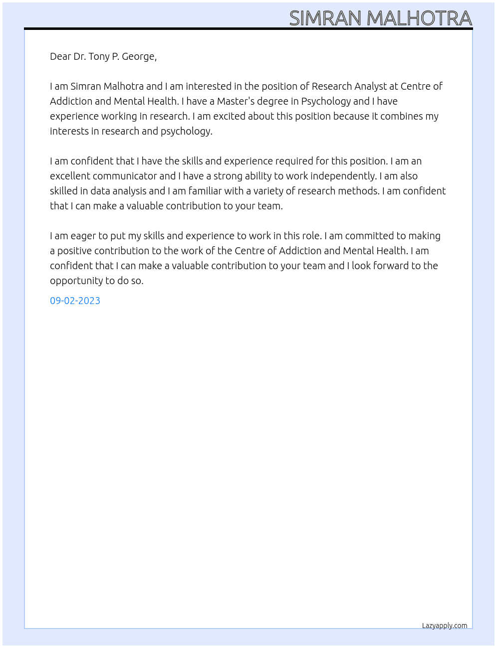 Research Analyst At Centre of Addiction and Mental Health Cover Letter