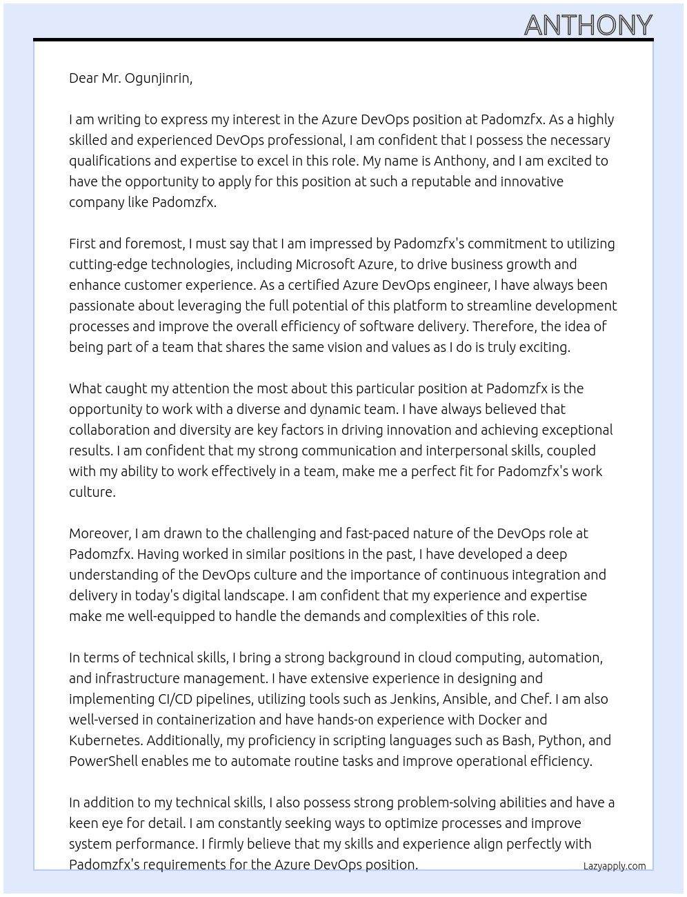 AZURE DEVOP At padomzfx Cover Letter