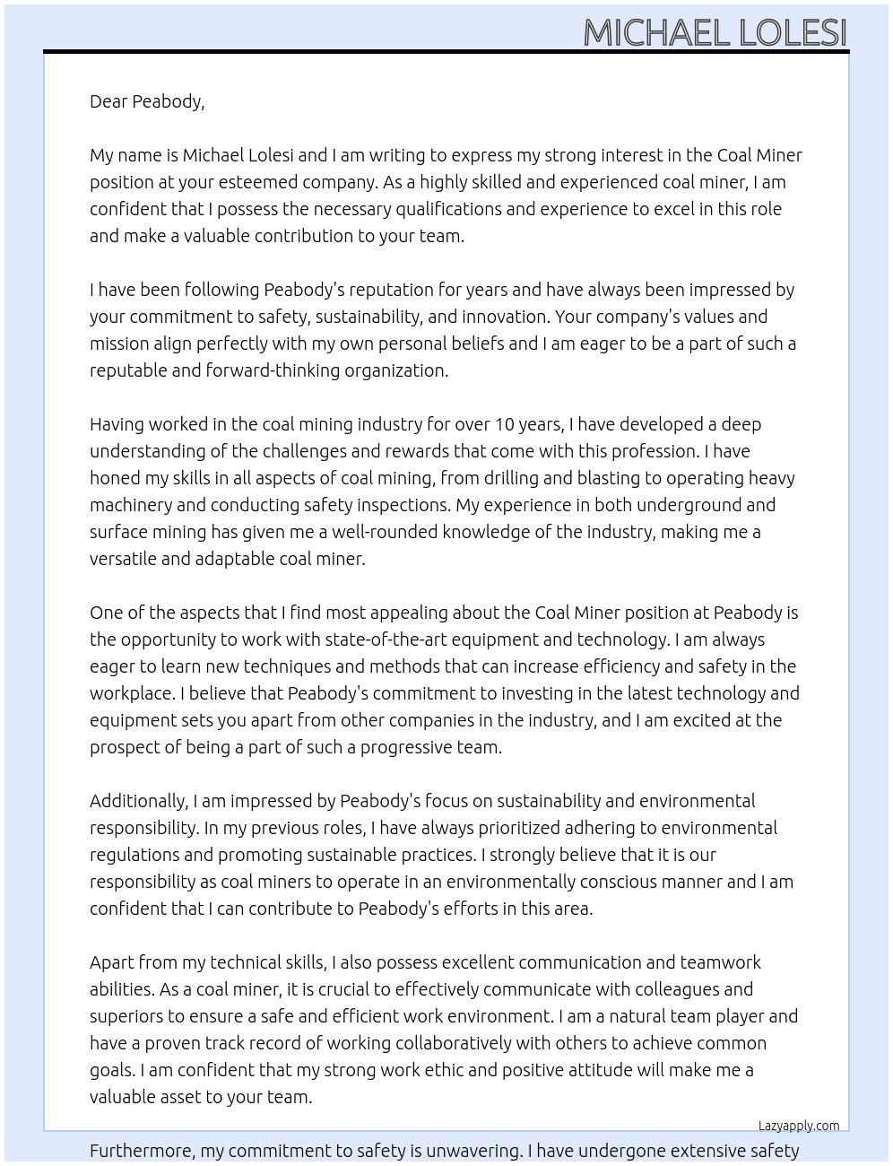 Coal miner At Peabody Cover Letter