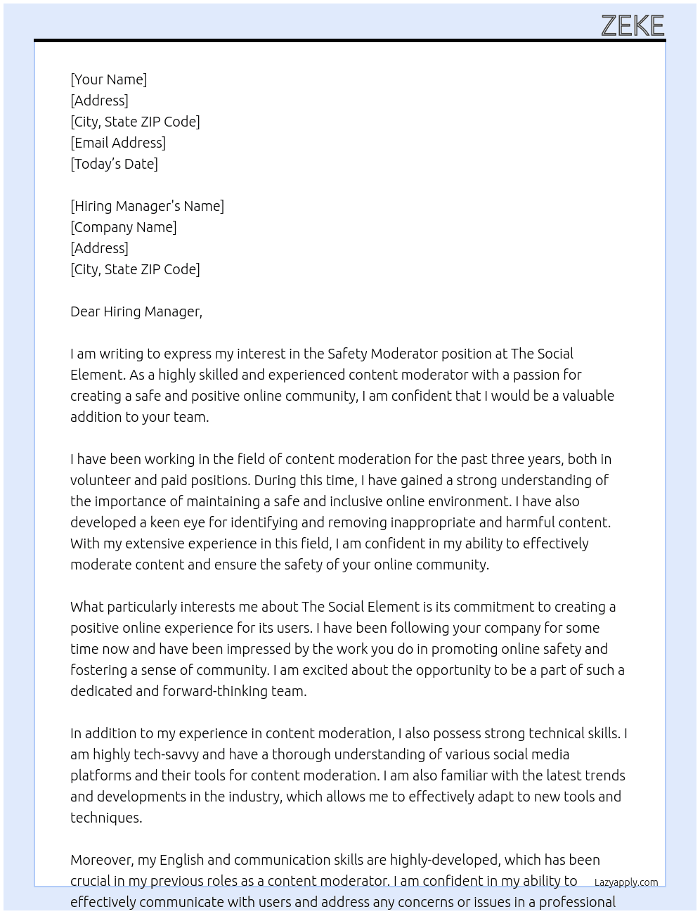 Safety Moderator At The Social Element Cover Letter