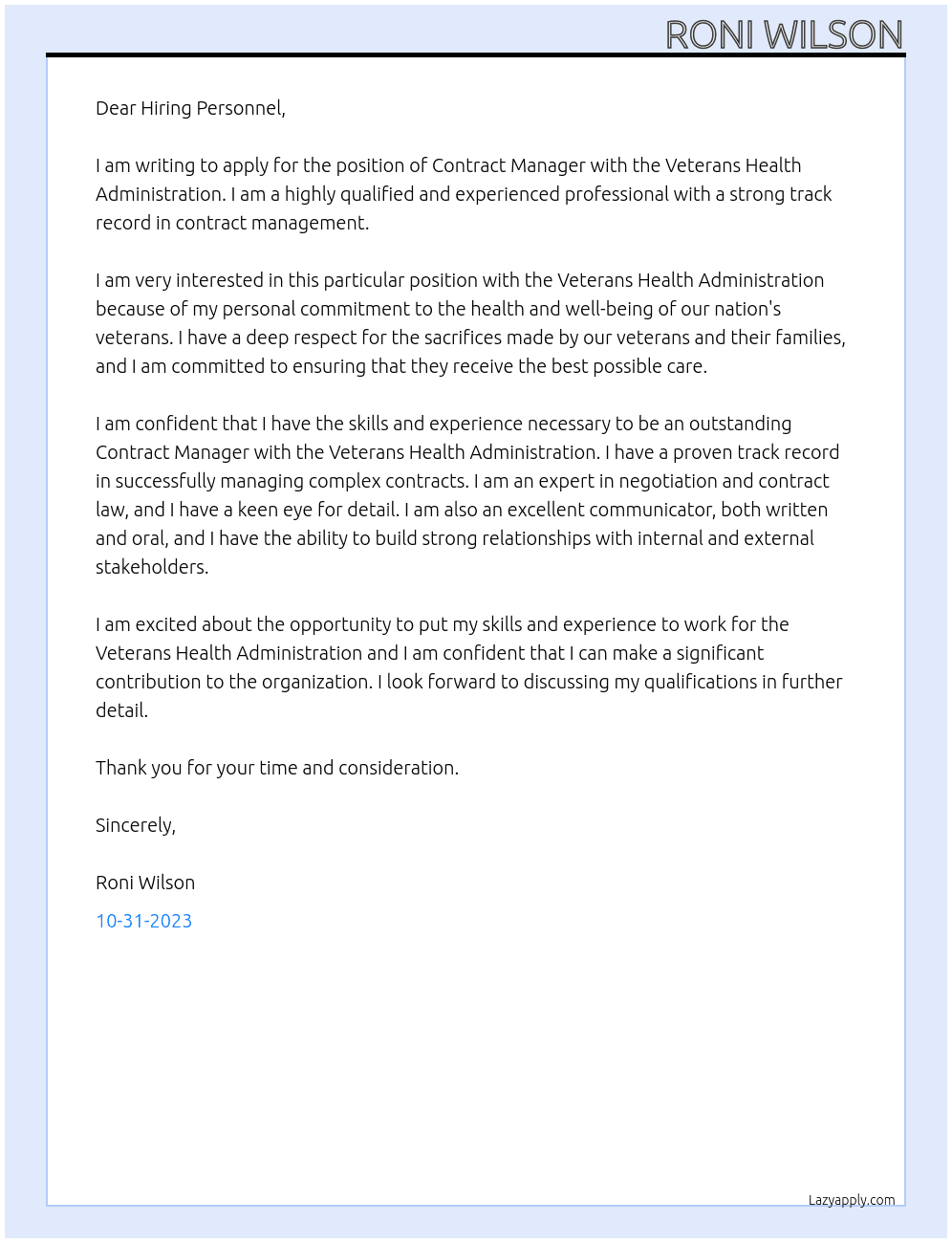 contract manager At Veterans Health Administration Cover Letter