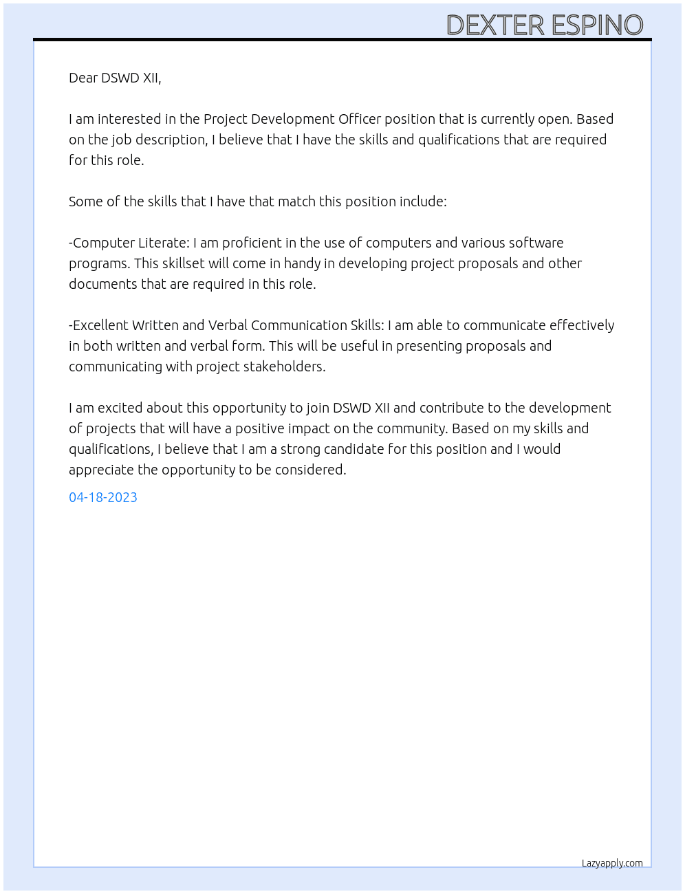 Project Development Officer At DSWD XII Cover Letter