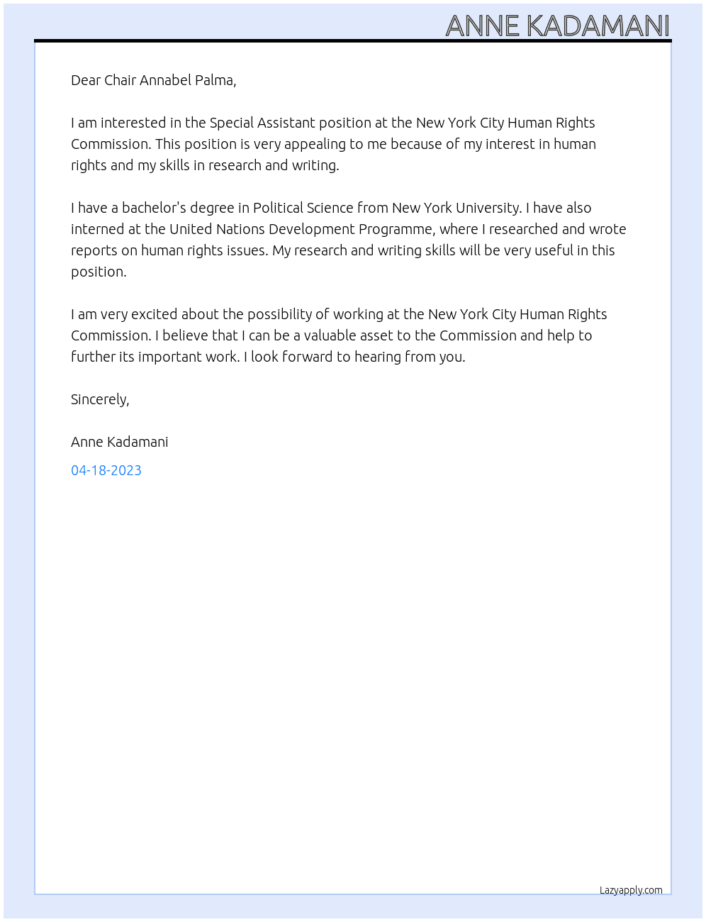 Special Assistant At New York City Human Rights Commission Cover Letter