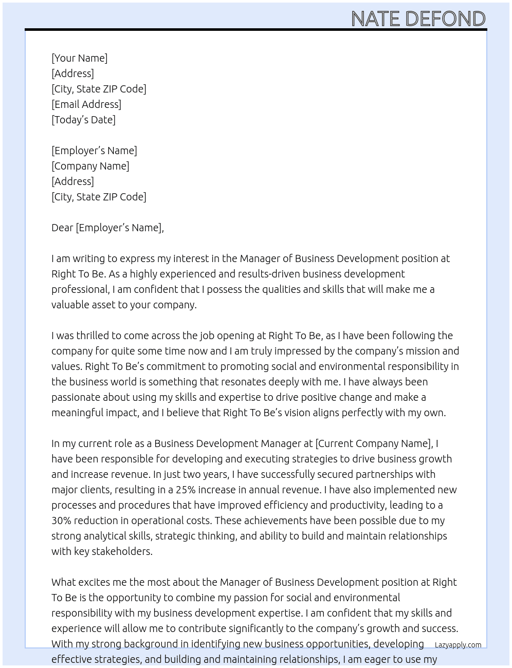 Manager of Business Development At Right To Be Cover Letter