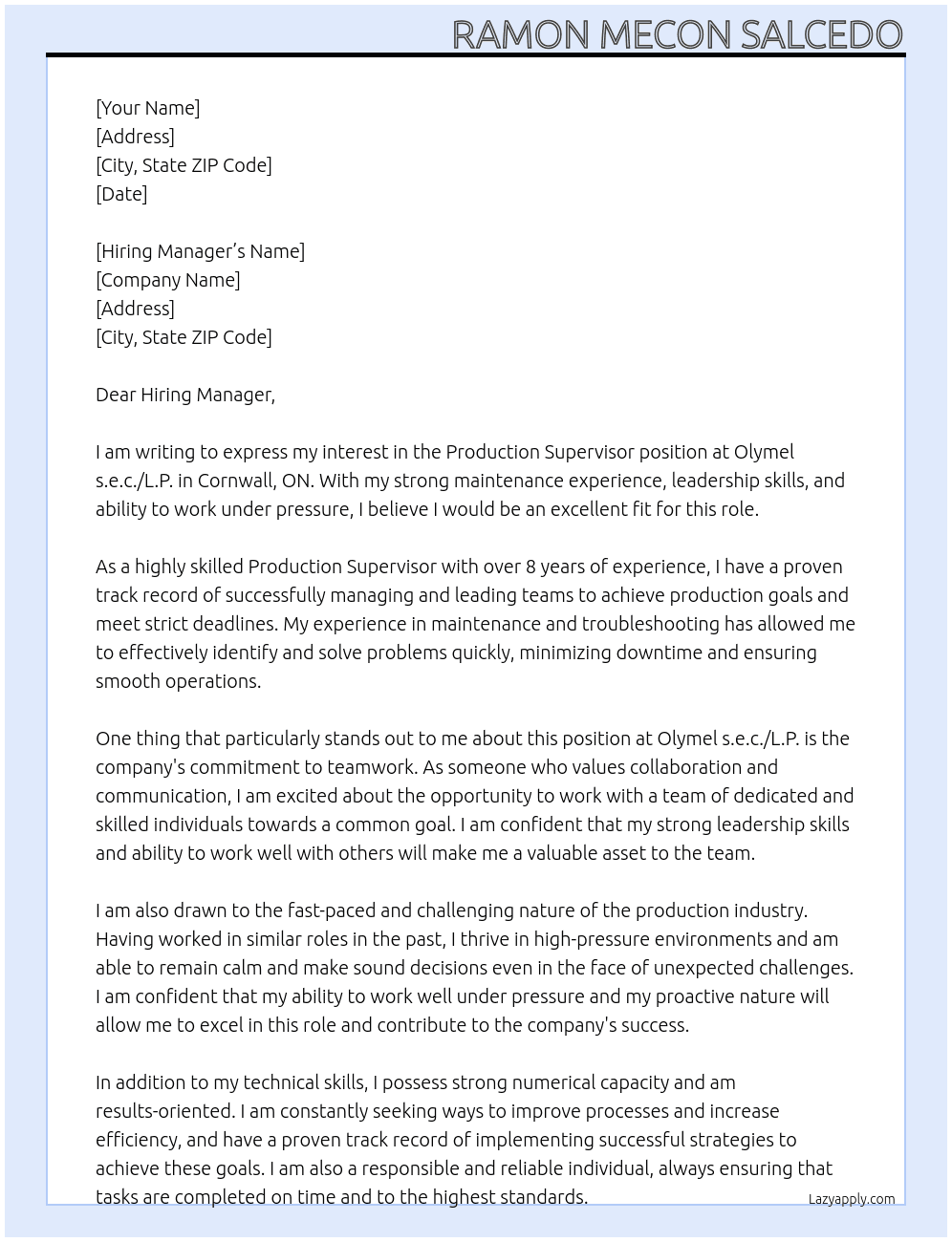 Production Supervisor At Olymel s.e.c./L.P. Cover Letter