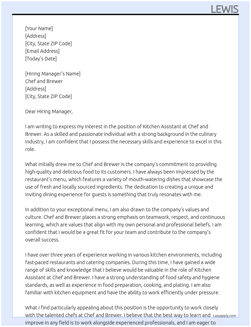 Kitchen assistant  At Chef and Brewer Cover Letter