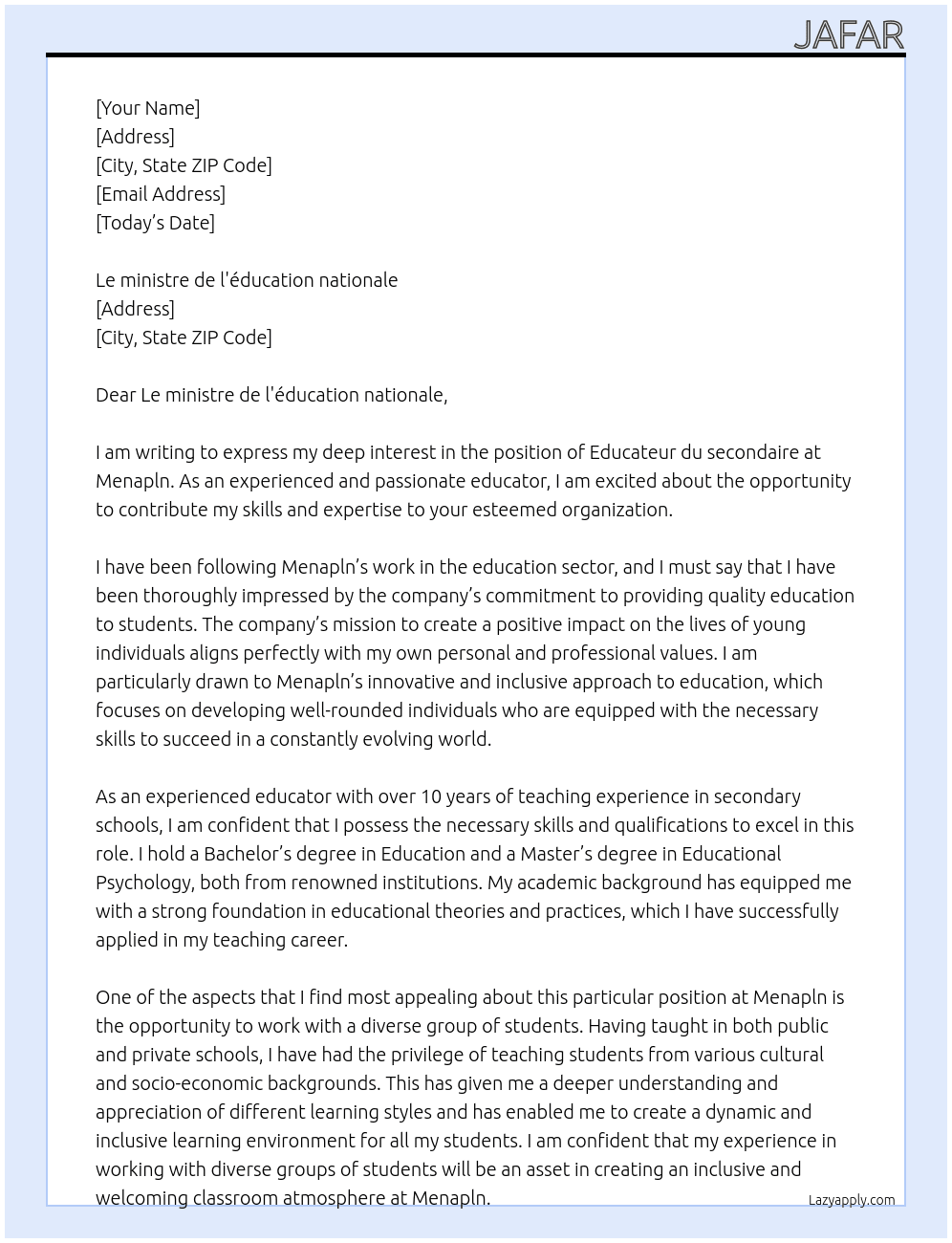 Educateur du secondaire  At Menapln Cover Letter