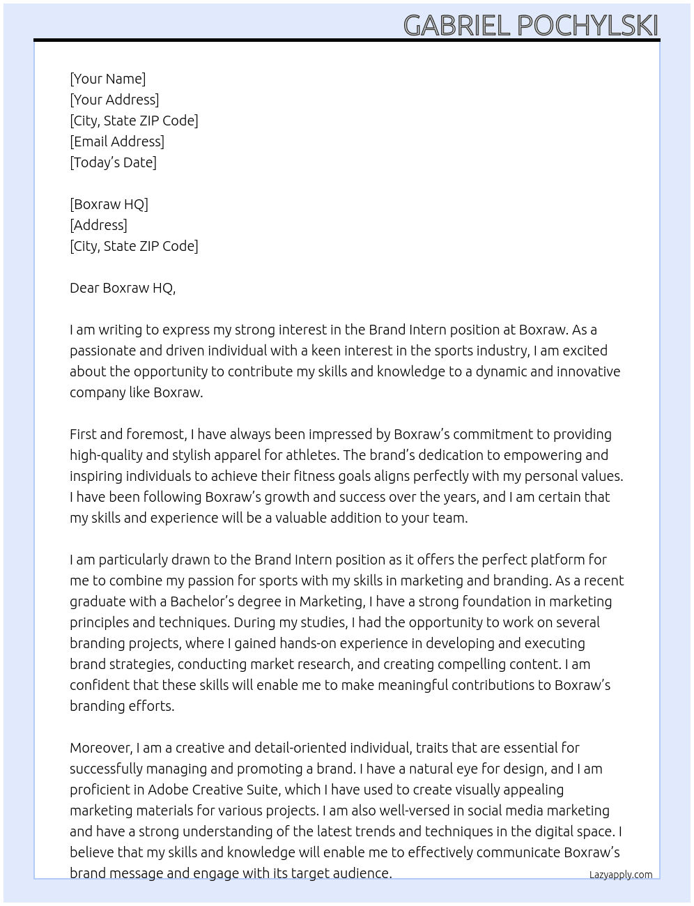 Brand Intern At Boxraw Cover Letter