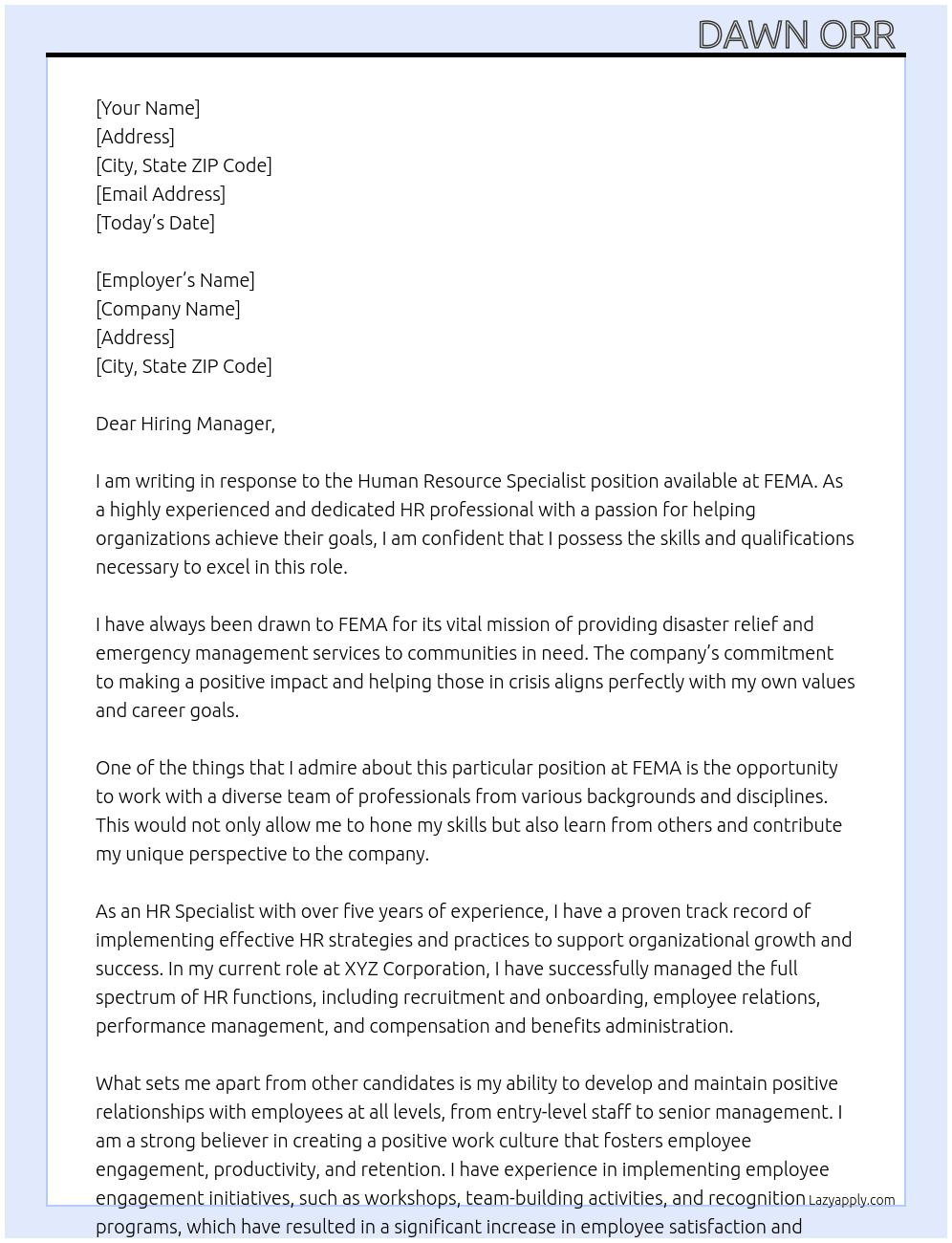 Human Resource Specialist  At FEMA Cover Letter