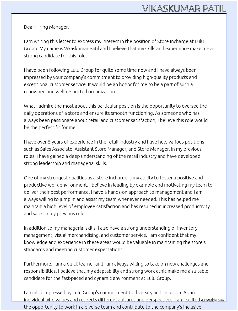 Store incharge At lulu Group Cover Letter