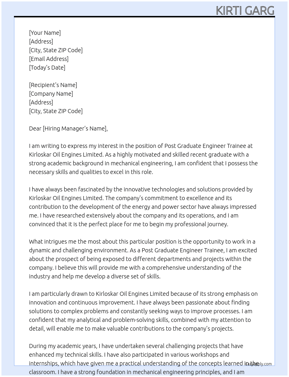 	Post Graduate Engineer Trainee At Kirloskar Oil Engines Limited Cover Letter