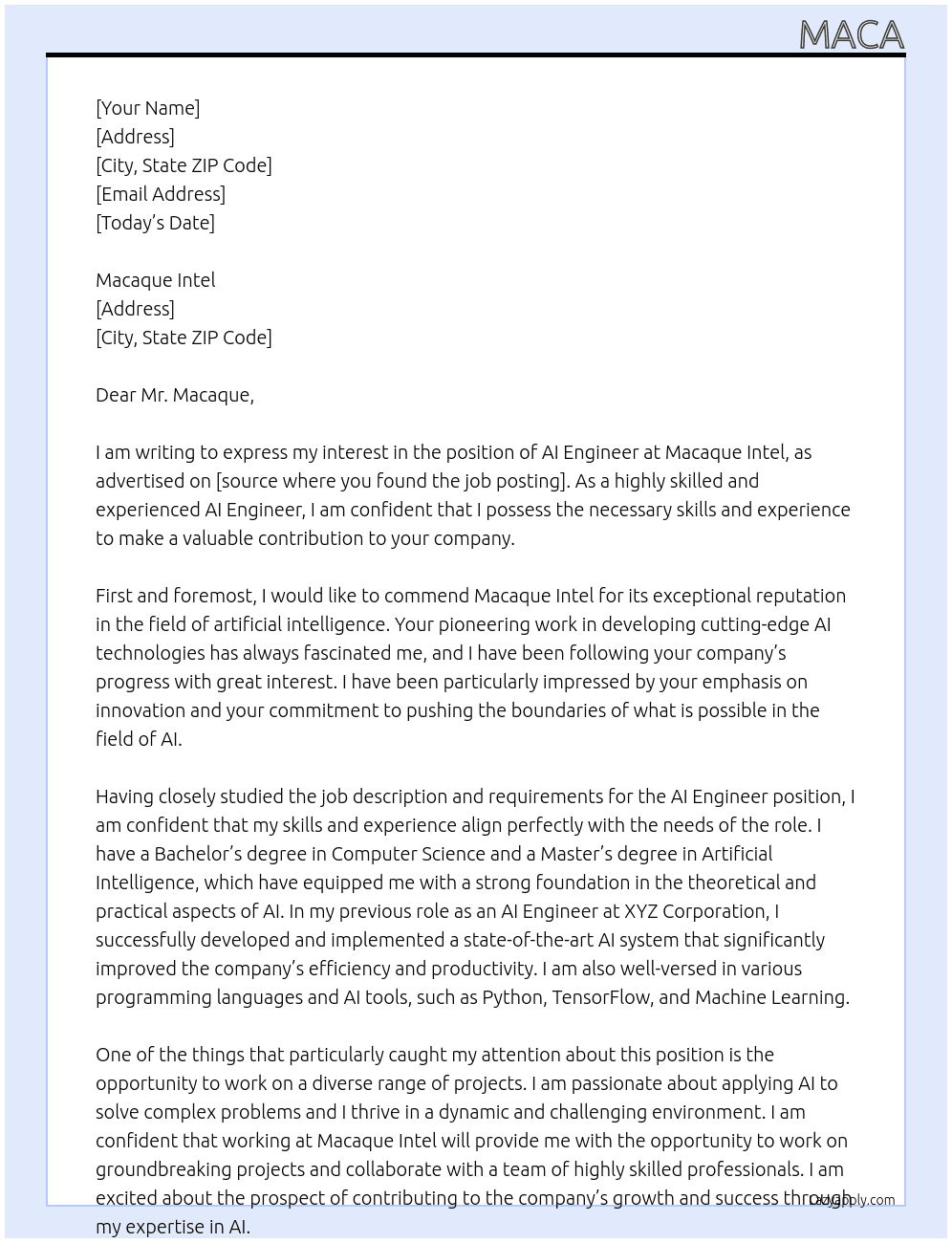 AI Engineer At Macaque Intel Cover Letter