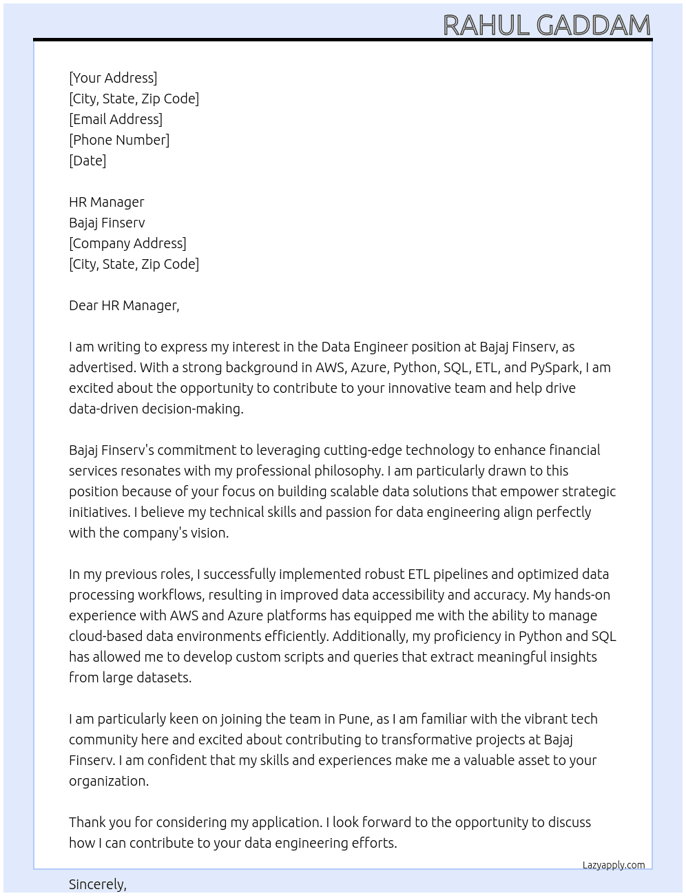 Data Engineer At Bajaj Finserv Cover Letter