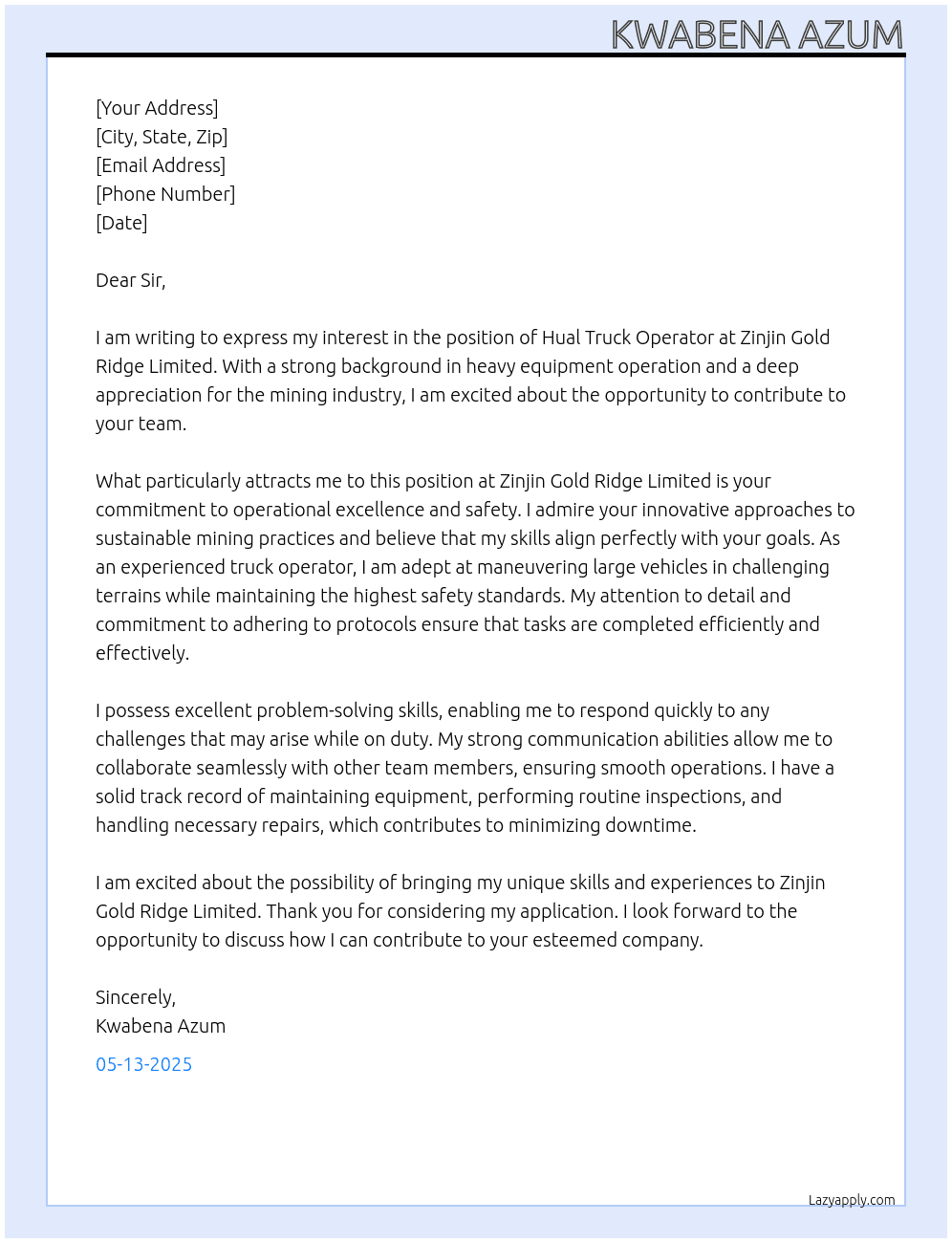 Cover letter for hual truck operator - LazyApply