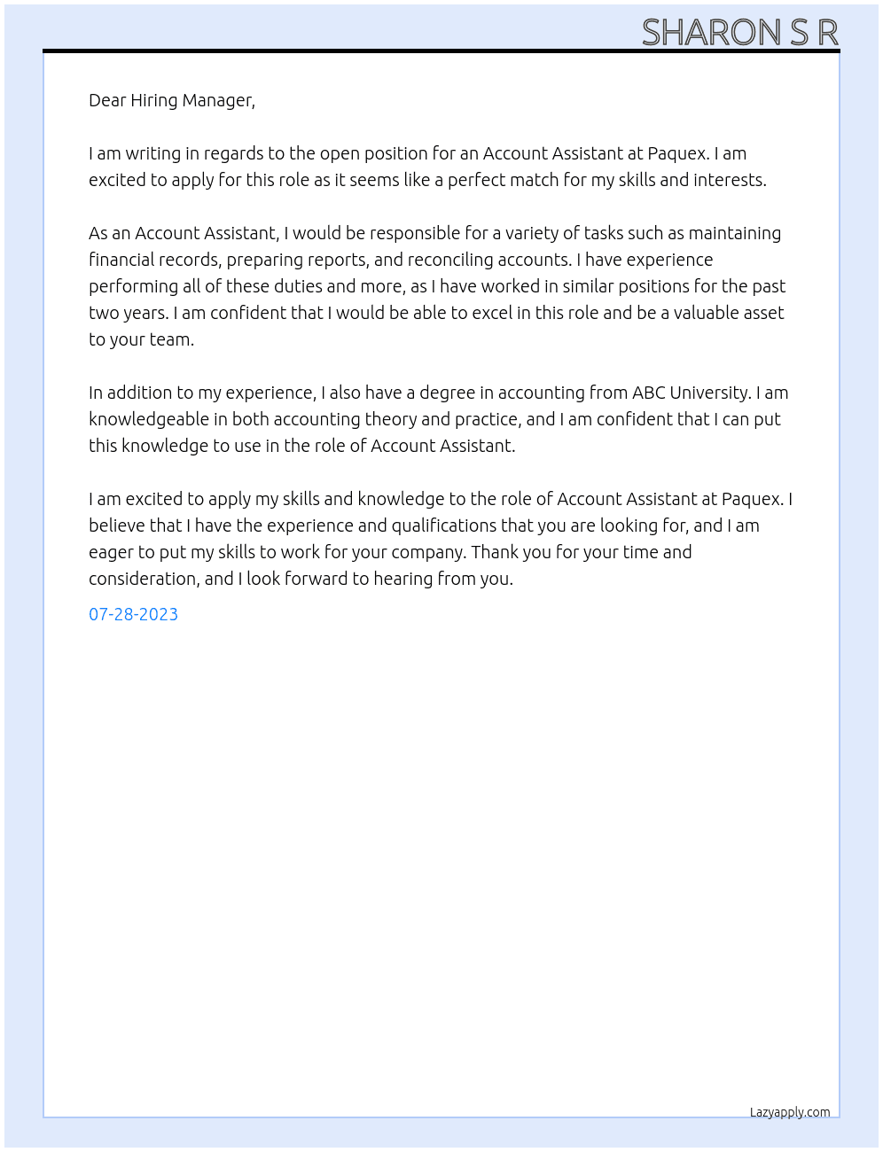 Account Assistant  At Paquex Cover Letter
