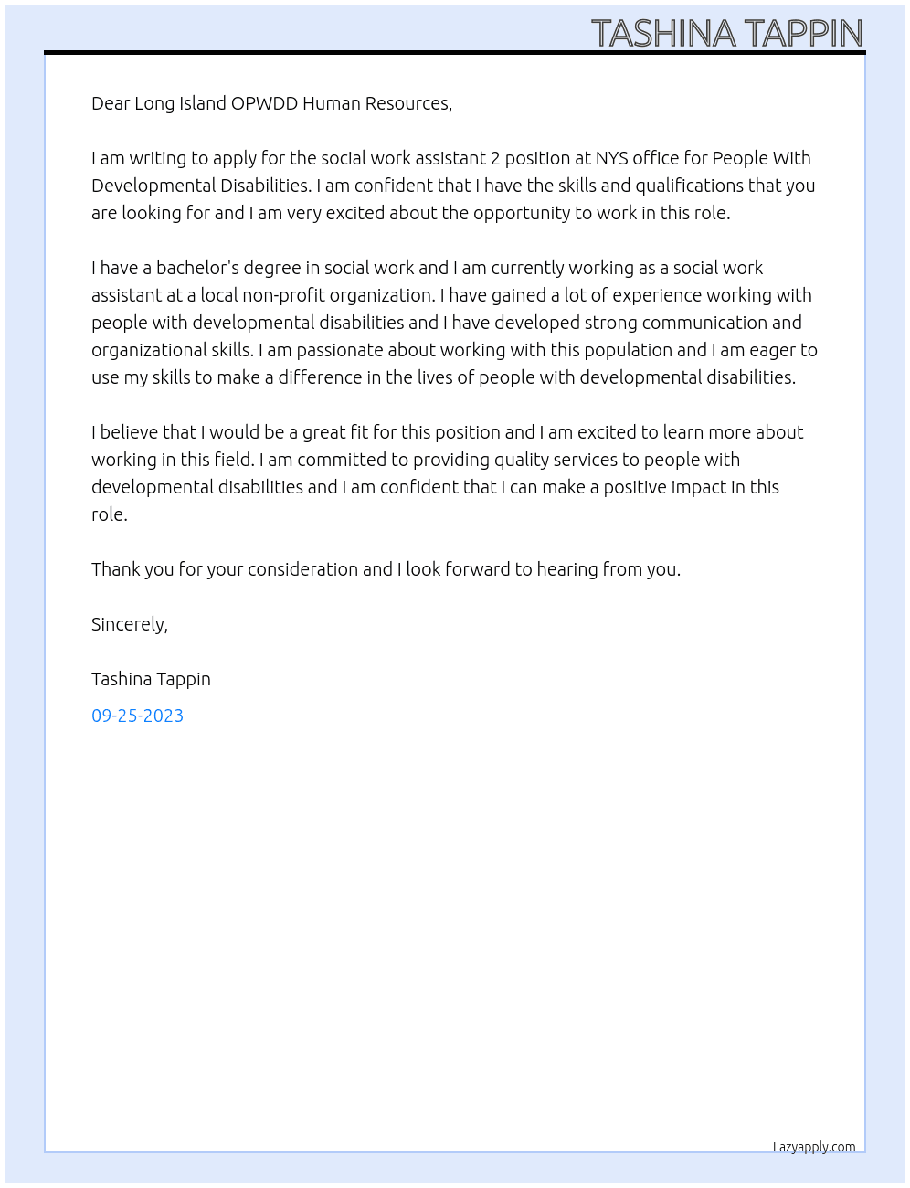 Social work assistant 2 At NYS office for People With Developmental Disabilities  Cover Letter