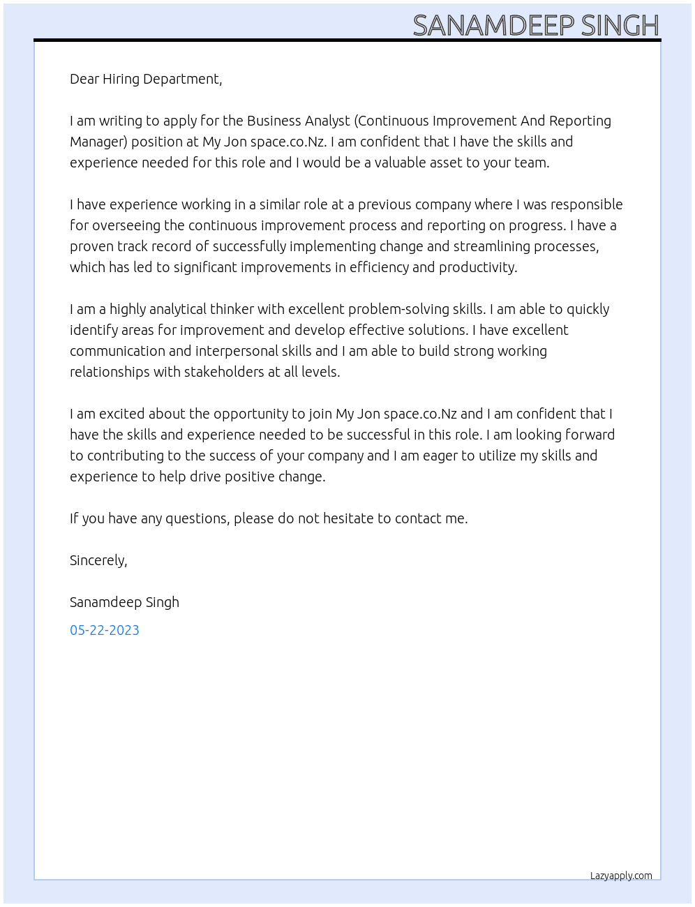 Business Analyst (Continuous Improvement And Reporting Manager) At My Jon space.co.Nz Cover Letter
