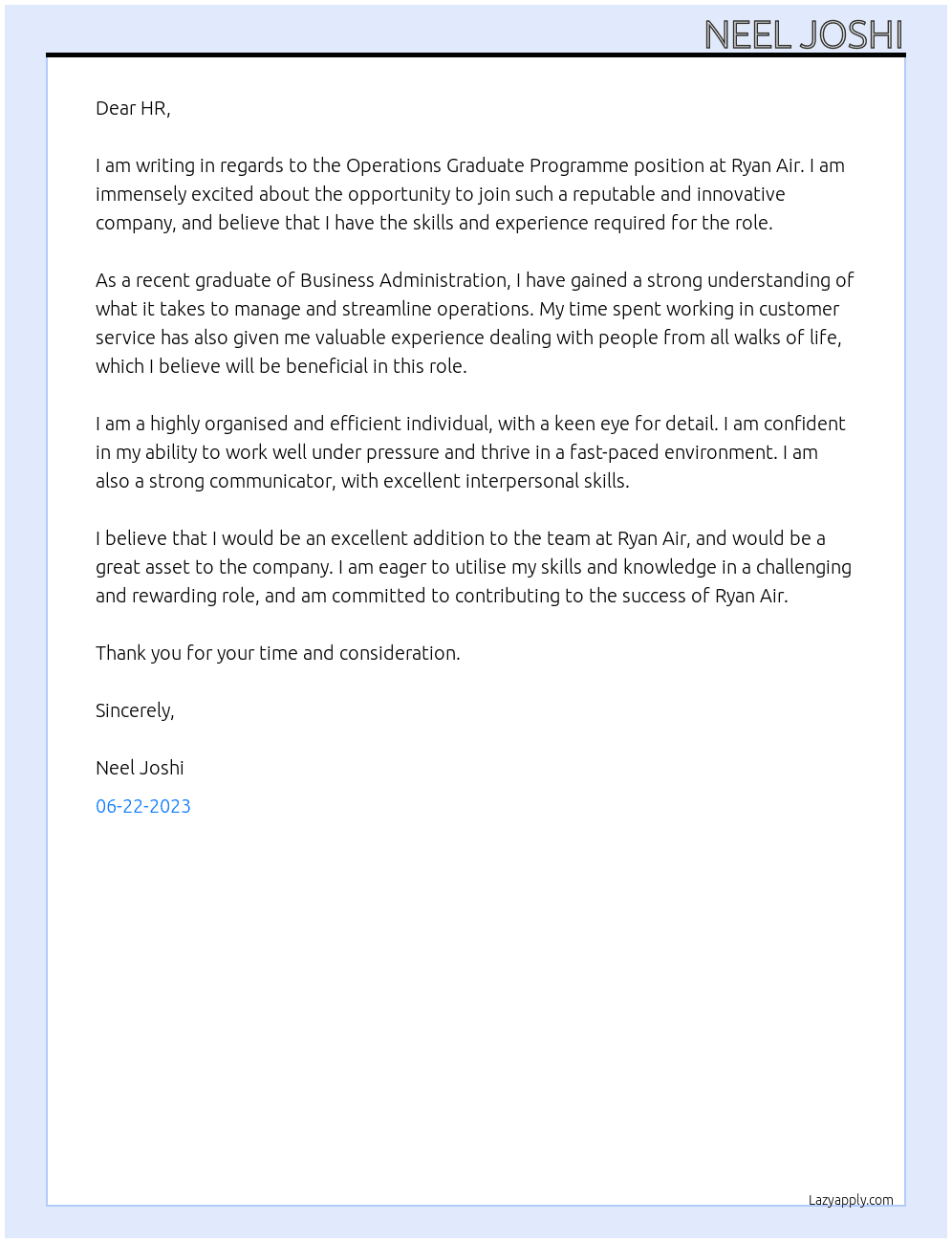 OPERATIONS GRADUATE PROGRAMME At RYAN AIR  Cover Letter