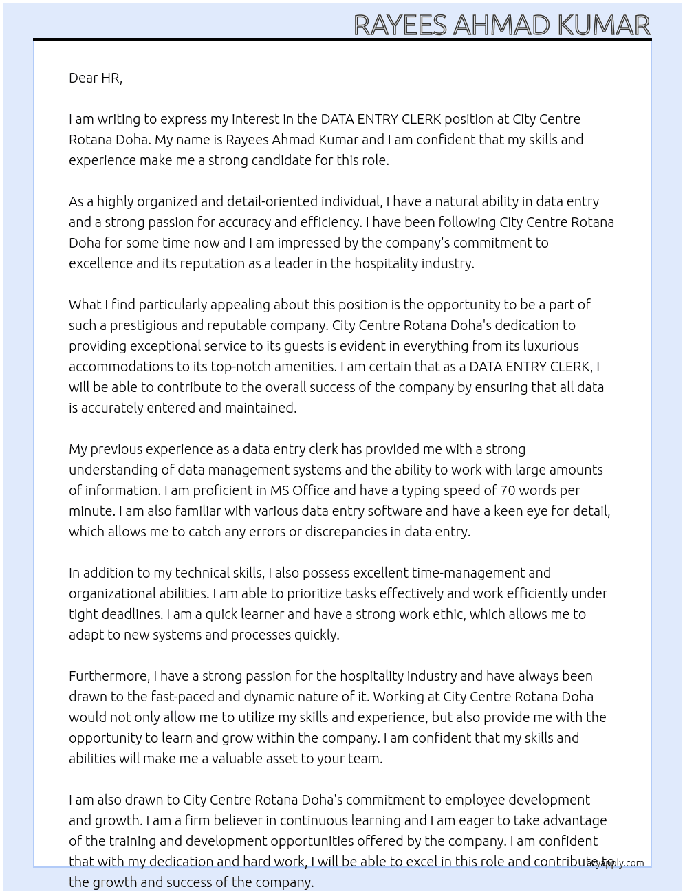 DATA ENTRY CLERK At City Centre Rotana Doha Cover Letter