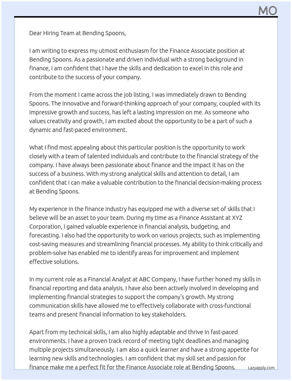 Finance Associate At Bending Spoons Cover Letter