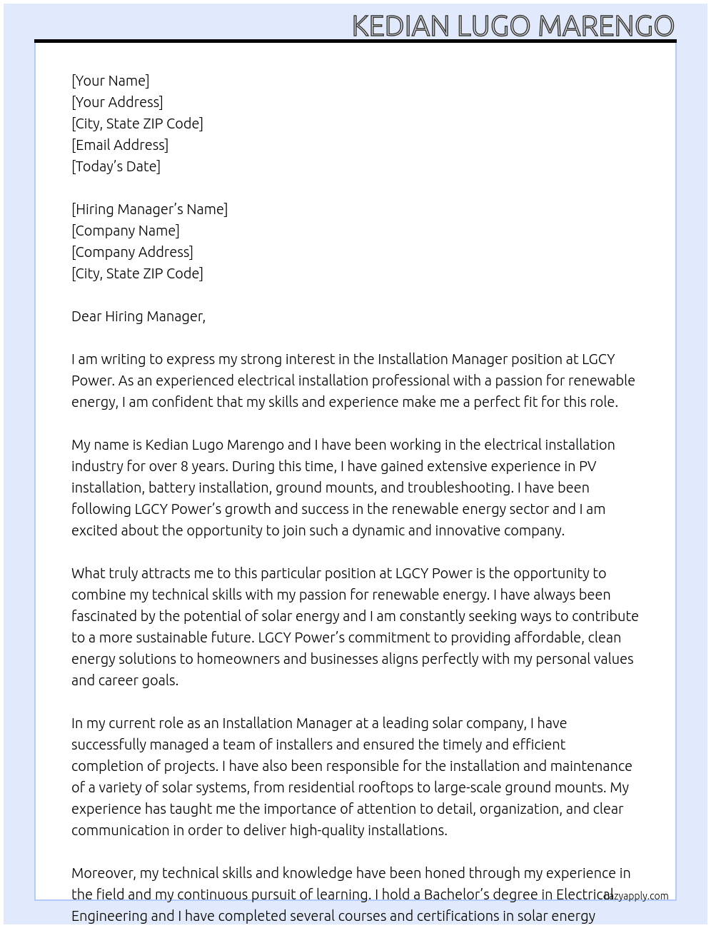 Installation Manager At LGCY Power Cover Letter