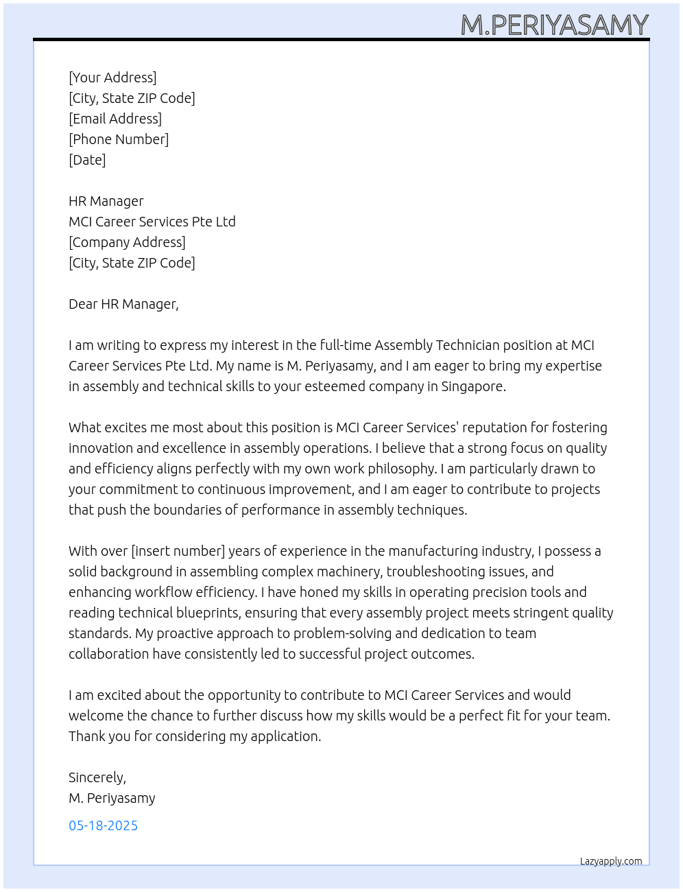 Assembly technician  At MCI Career Services Pte Ltd Cover Letter