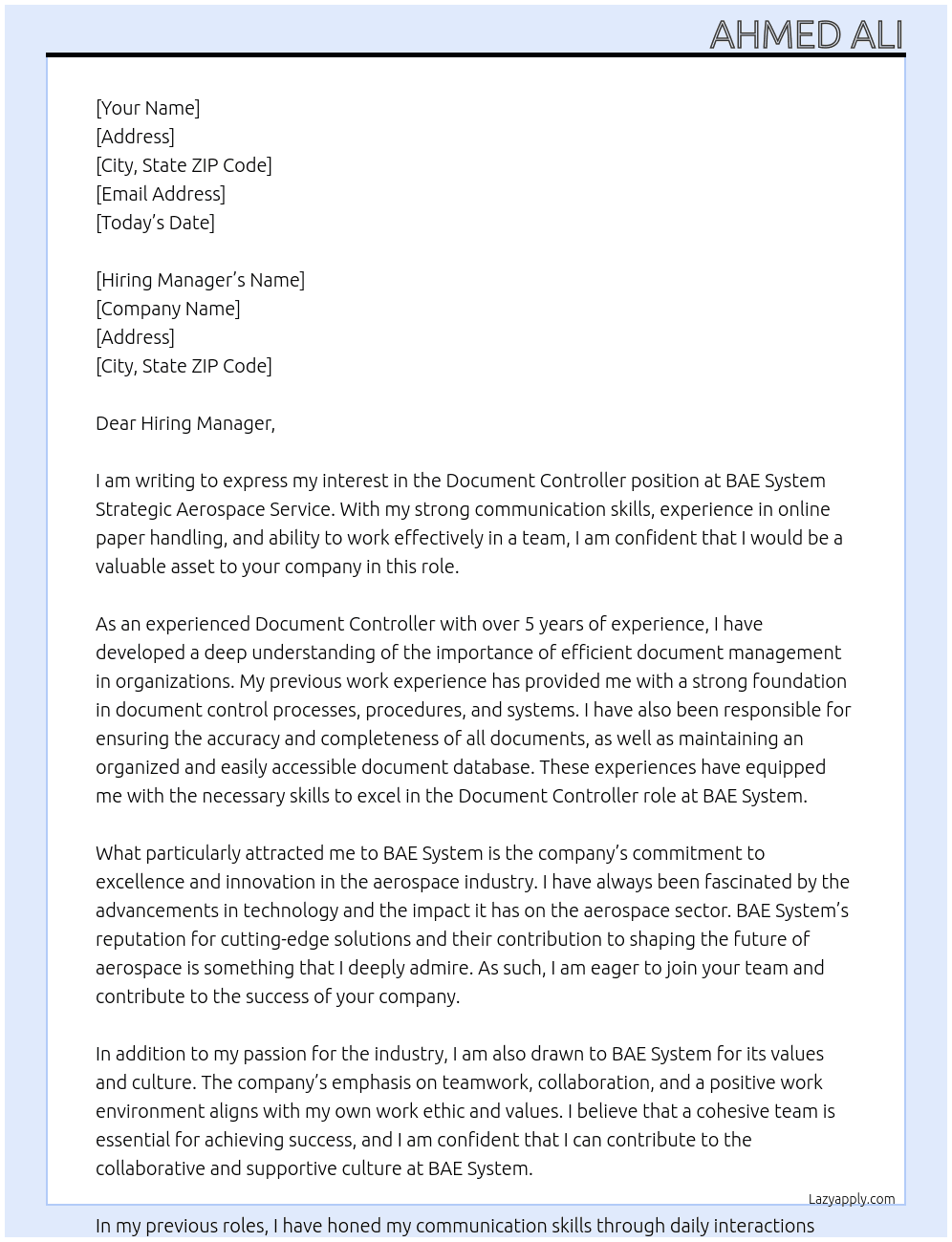 Document controller At BAE system strategic aerospace service Cover Letter