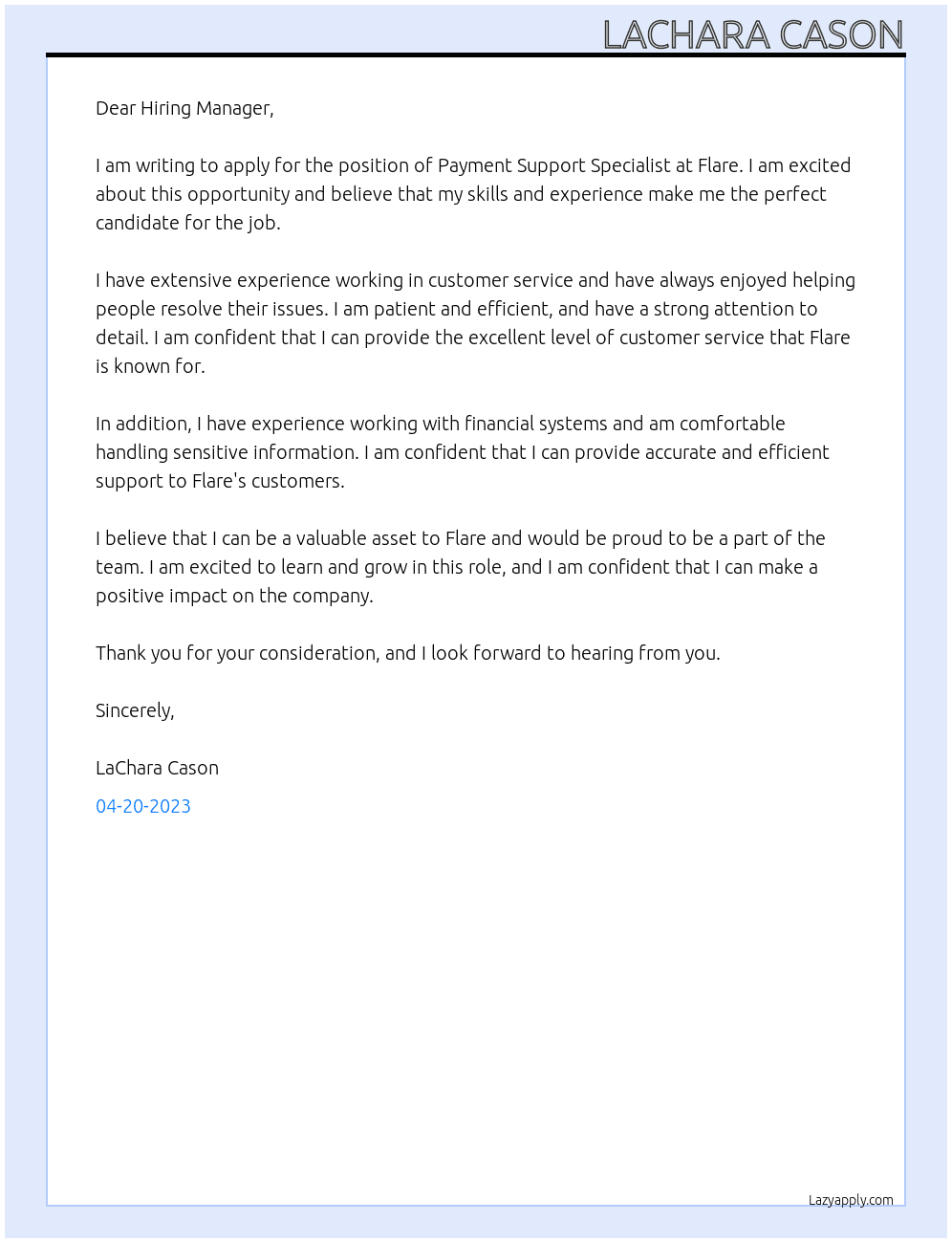 Payment Support Specialist At Flare Cover Letter