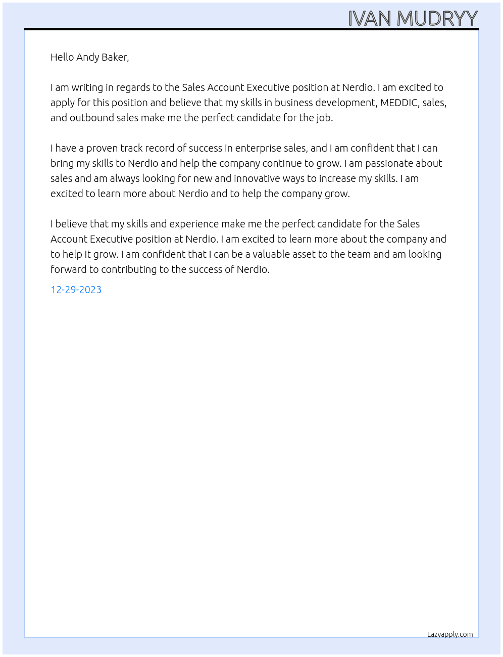 Sales Account Executive At Nerdio Cover Letter