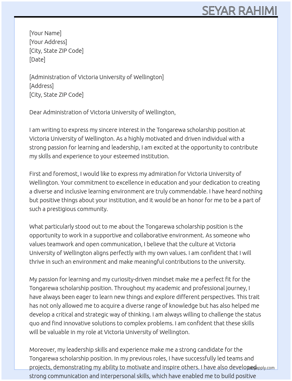Tongarewa scholarship  At Victoria university of wellington  Cover Letter