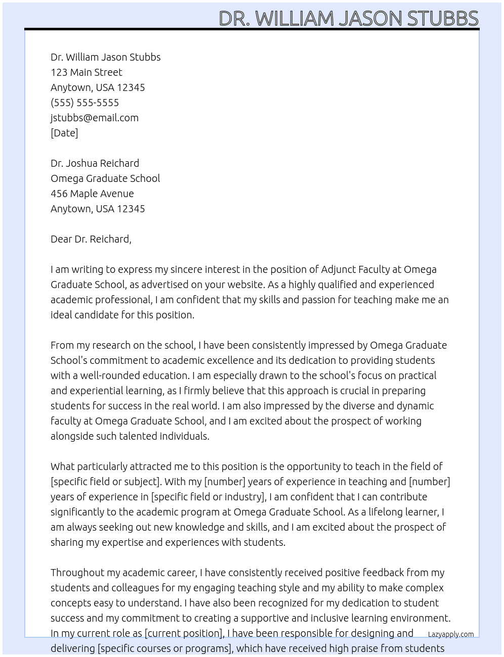 Adjunct Faculty At Omega Graduate School  Cover Letter