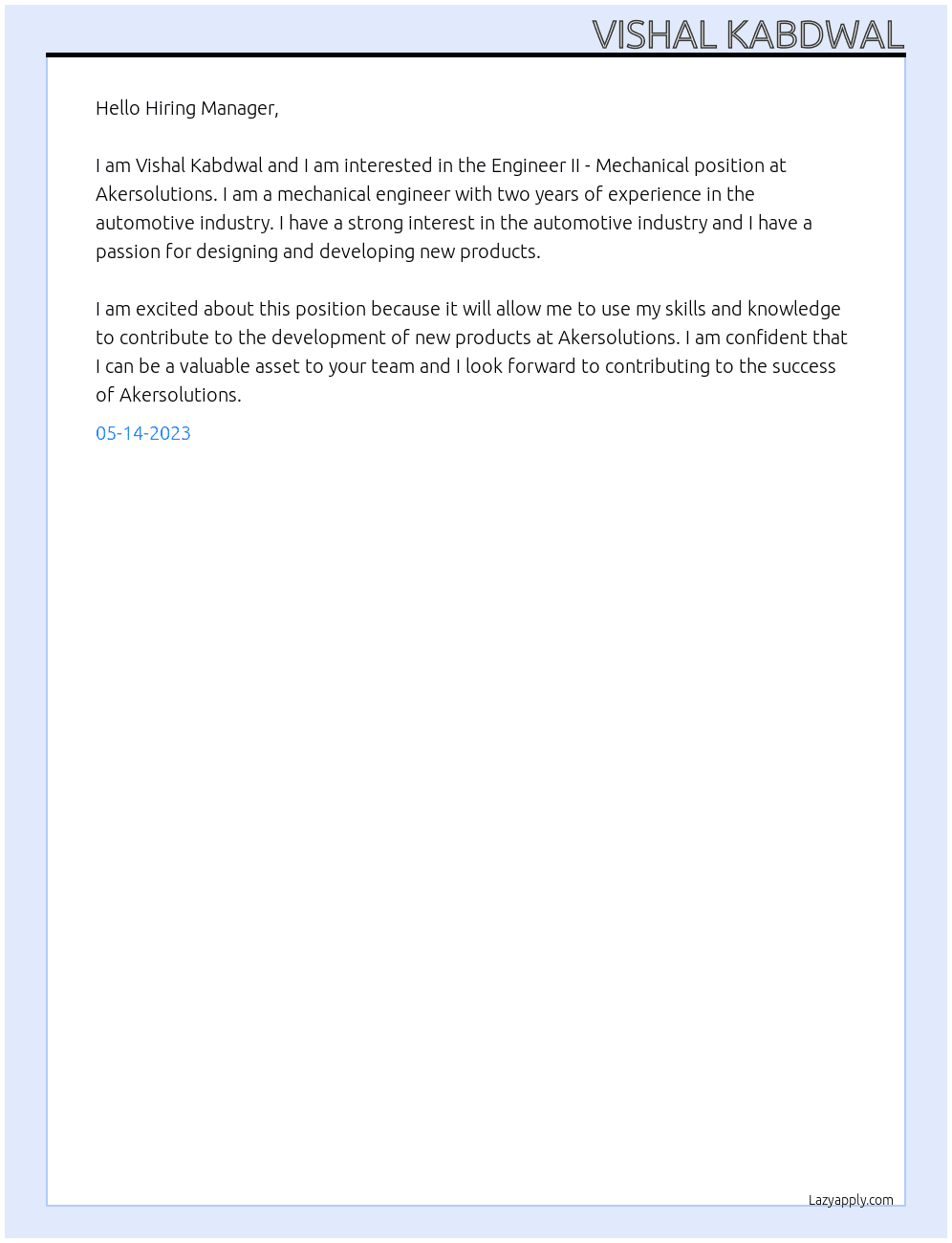 Engineer II - Mechanical At Akersolutions Cover Letter