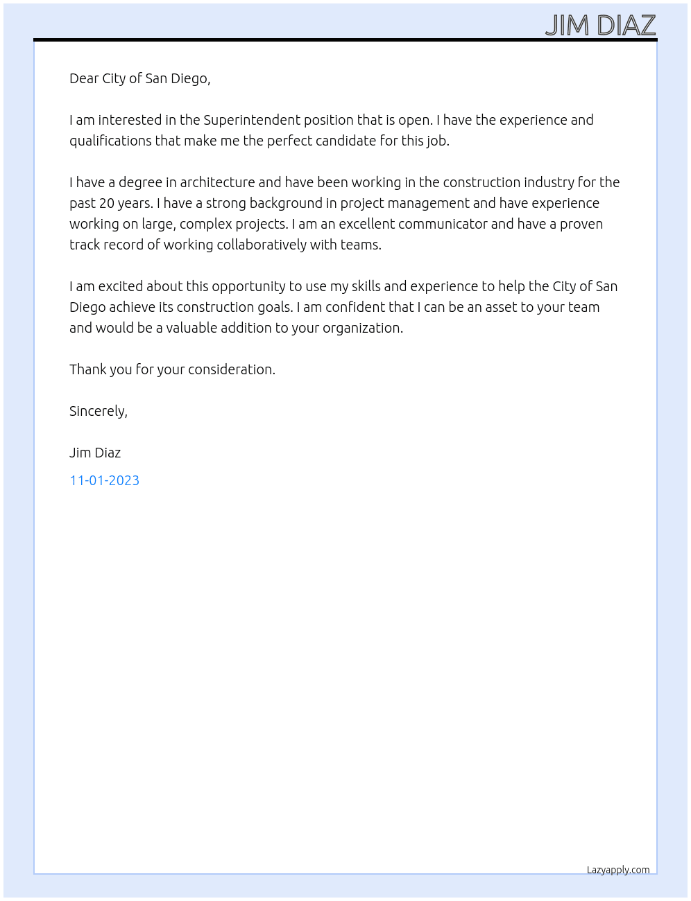 superinterndent At City Of San Diago Cover Letter