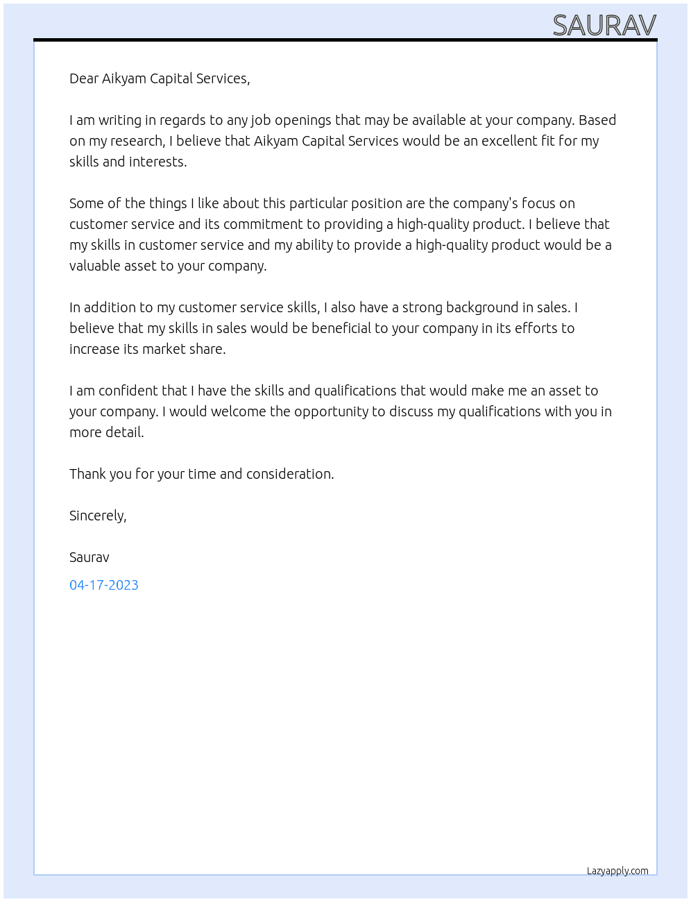 Any job At Aikyam capital services Cover Letter