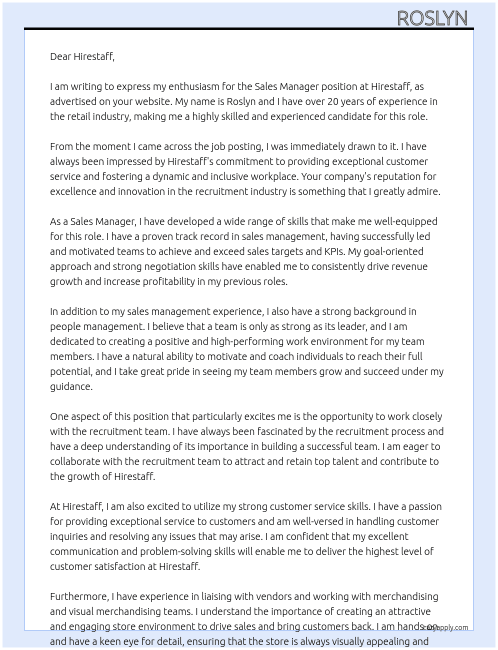 Sales  Manager  At Hirestaff  Cover Letter
